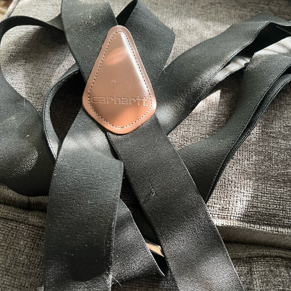 Carhartt Black Elastic Suspenders with Brown Leather Accent & metal clips